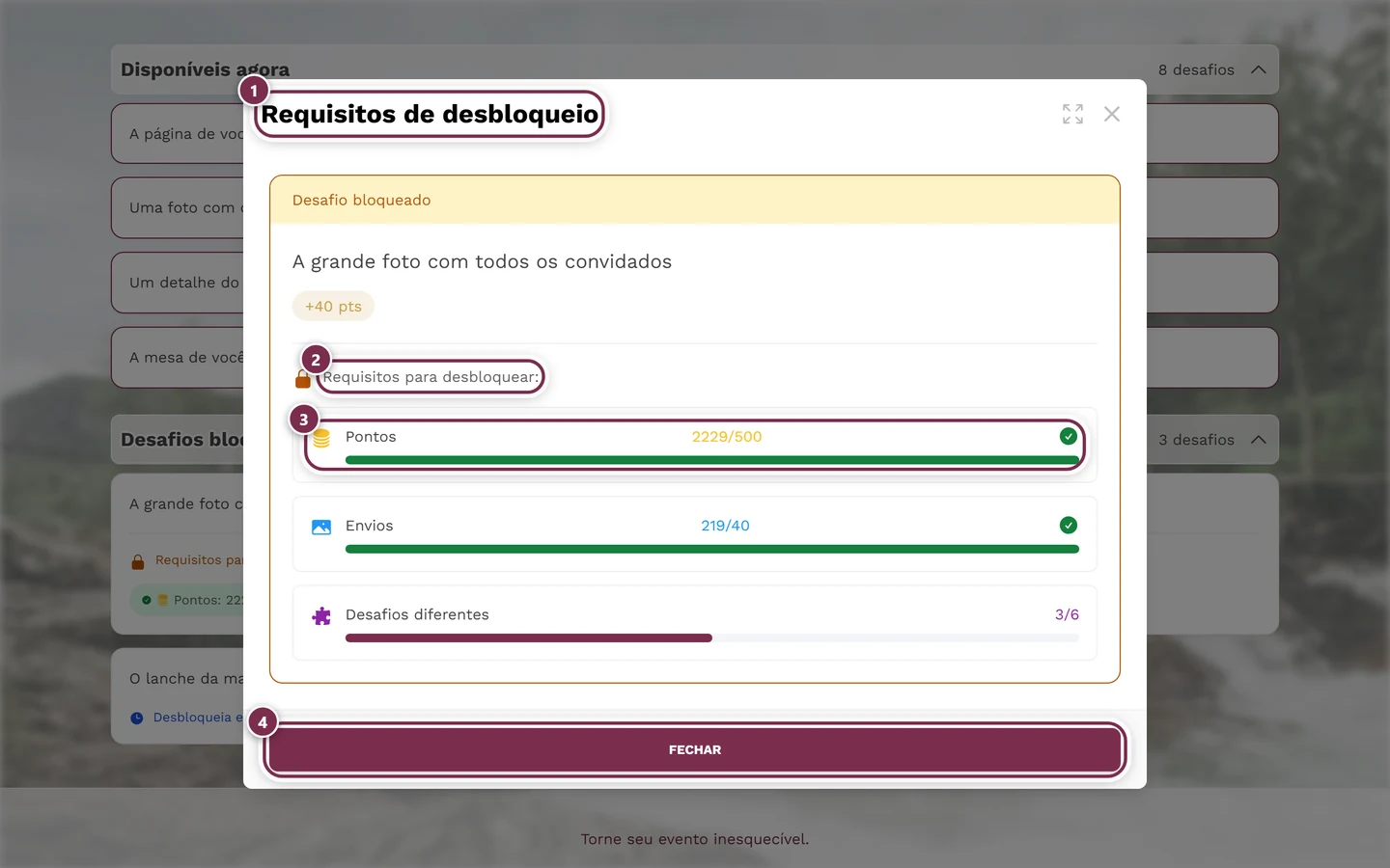 Janela Requisitos de desbloqueio com quatro marcações: título, introdução, primeira condição com barra de progresso, botão Fechar