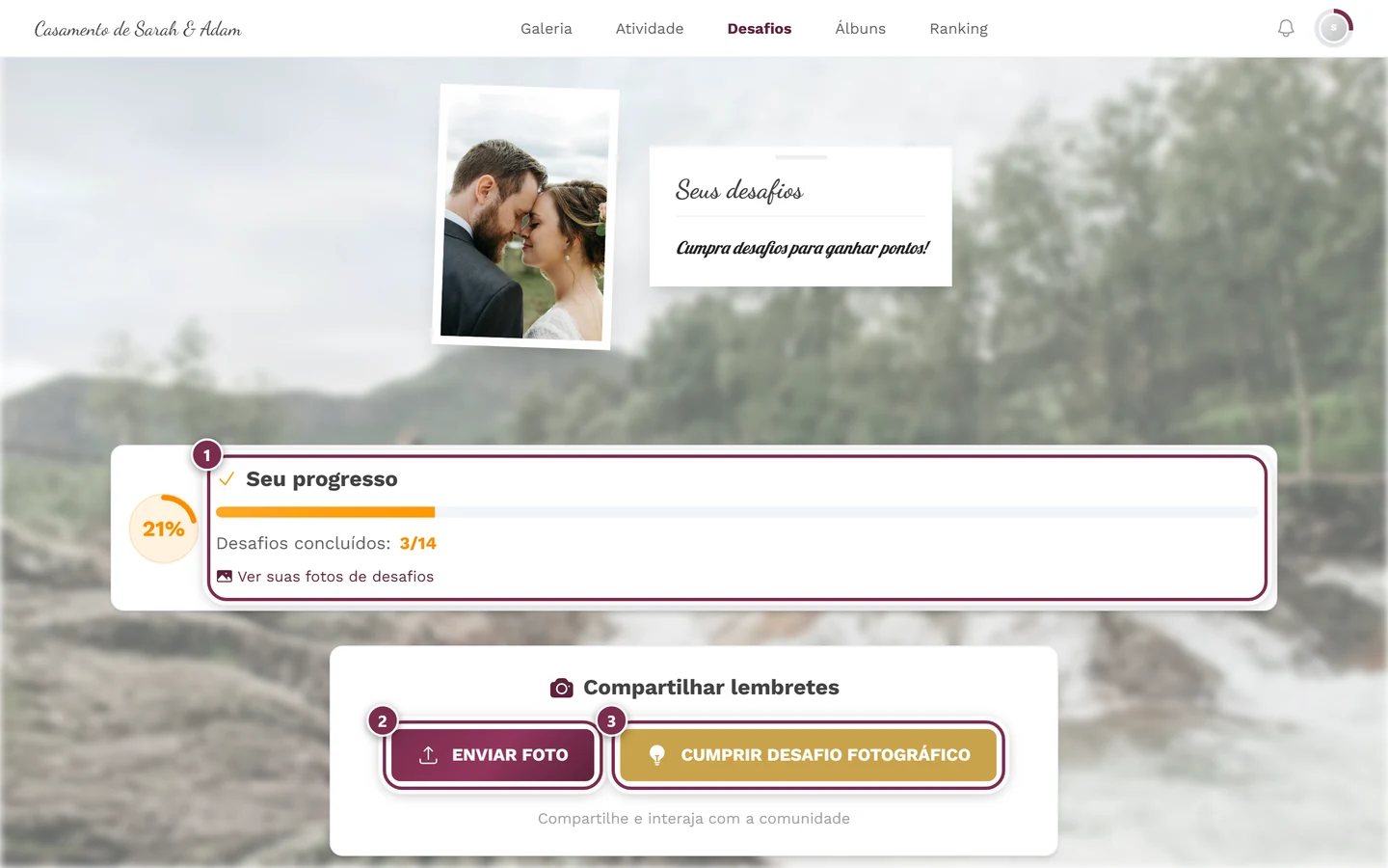 Página de desafios com três marcações: progresso, enviar foto, cumprir desafio fotográfico