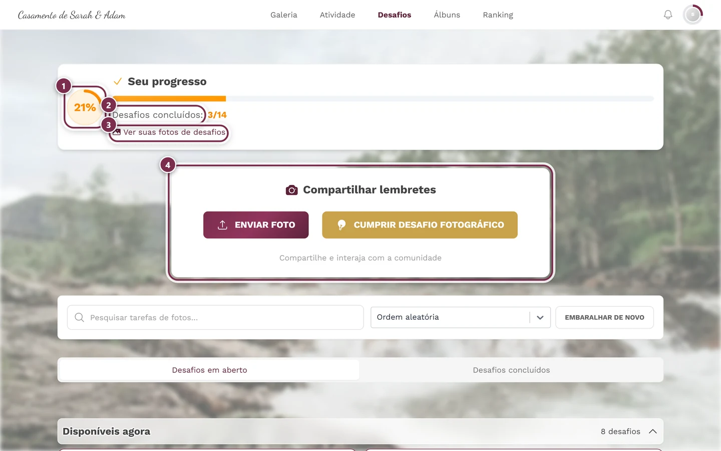 Topo da página de desafios com quatro marcações: anel de progresso, linha Desafios concluídos, link, cartão Compartilhar lembretes