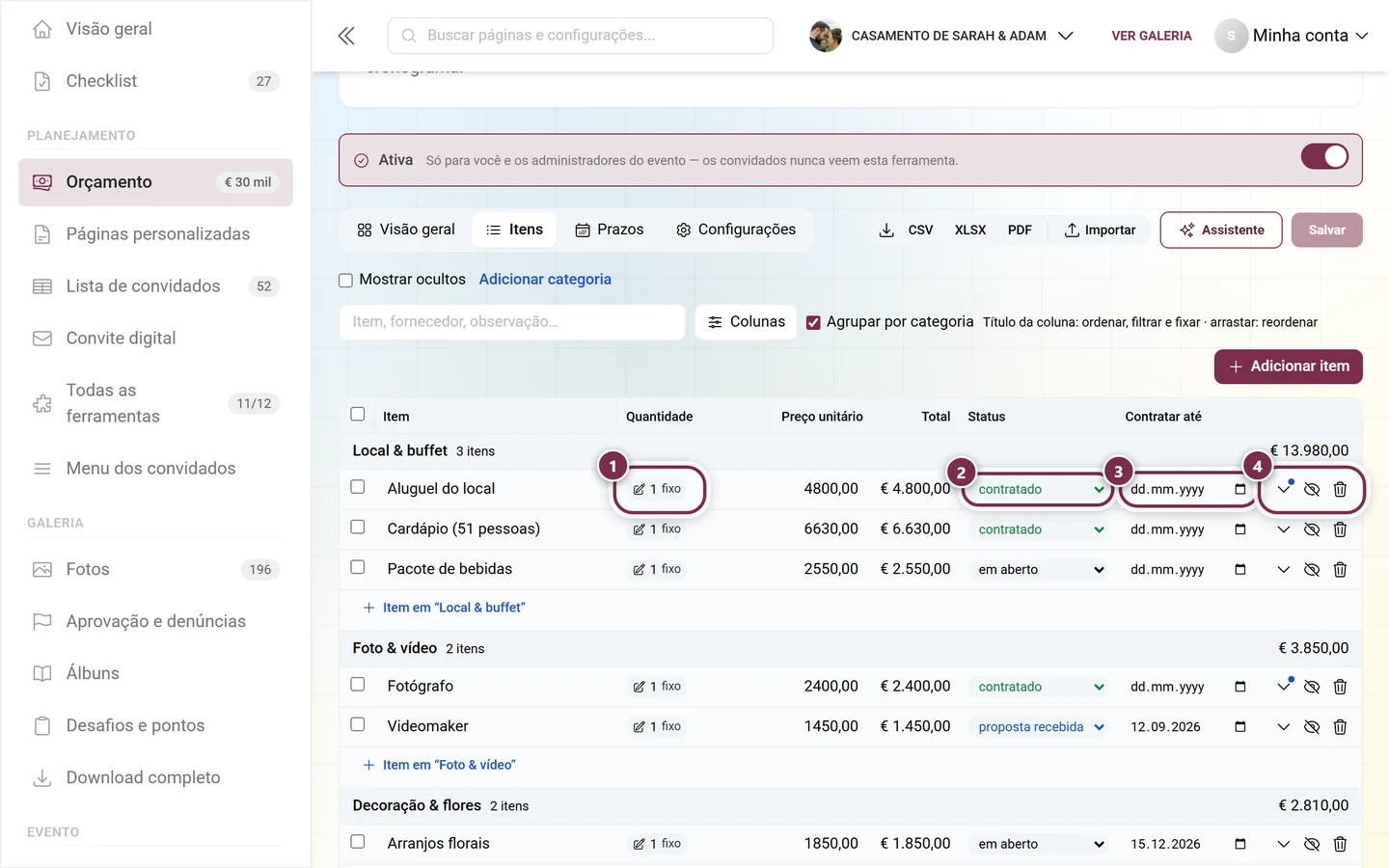 Close de uma linha da tabela com chip de quantidade, status, prazo e os três botões da linha
