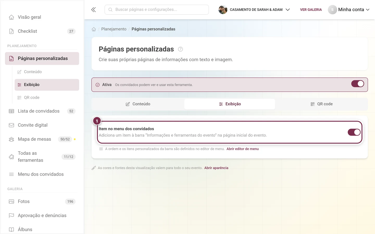 Aba Exibição das Páginas personalizadas com o interruptor Item no menu dos convidados destacado