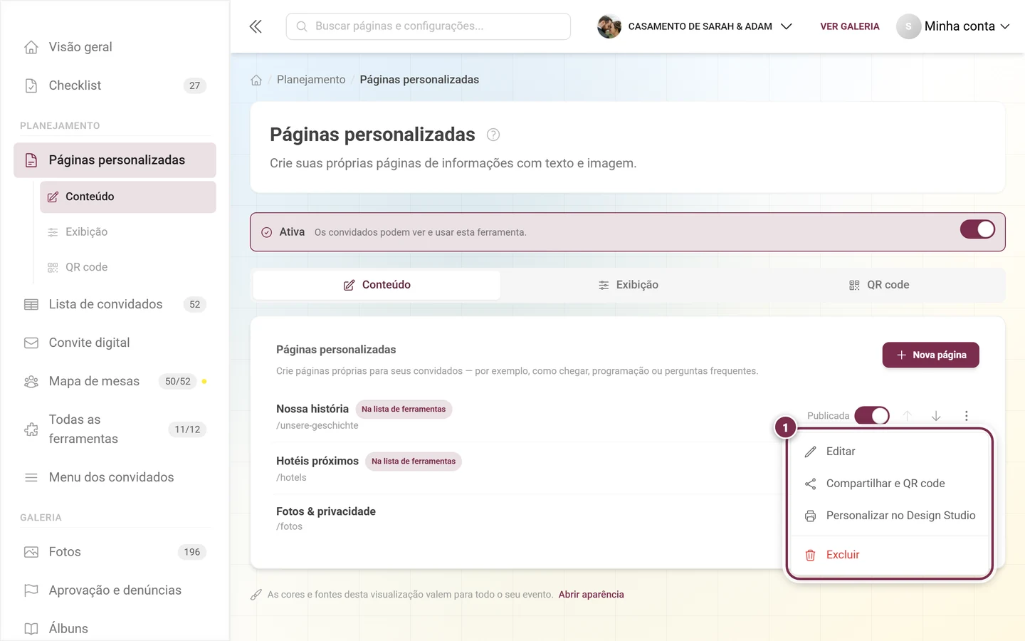 Menu de três pontos aberto de uma página com quatro entradas