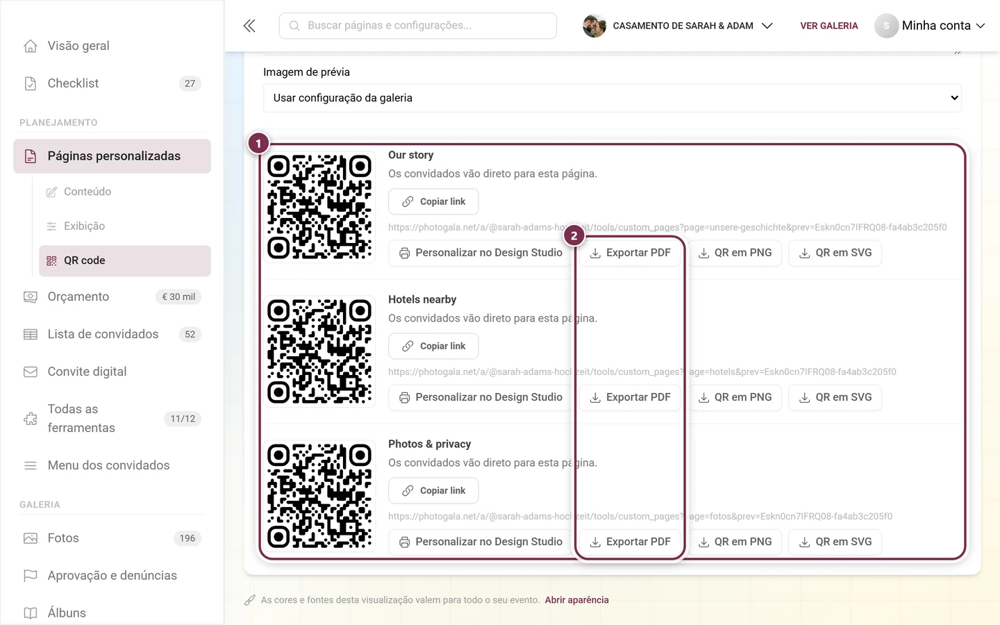 Aba QR code com um bloco por página publicada, com um cartão e os botões de saída destacados
