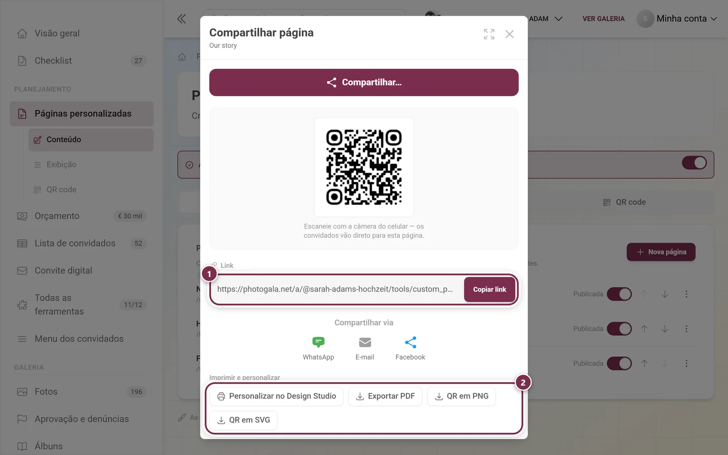 Diálogo de compartilhamento de uma página personalizada com a linha do link e os quatro botões de impressão e design destacados