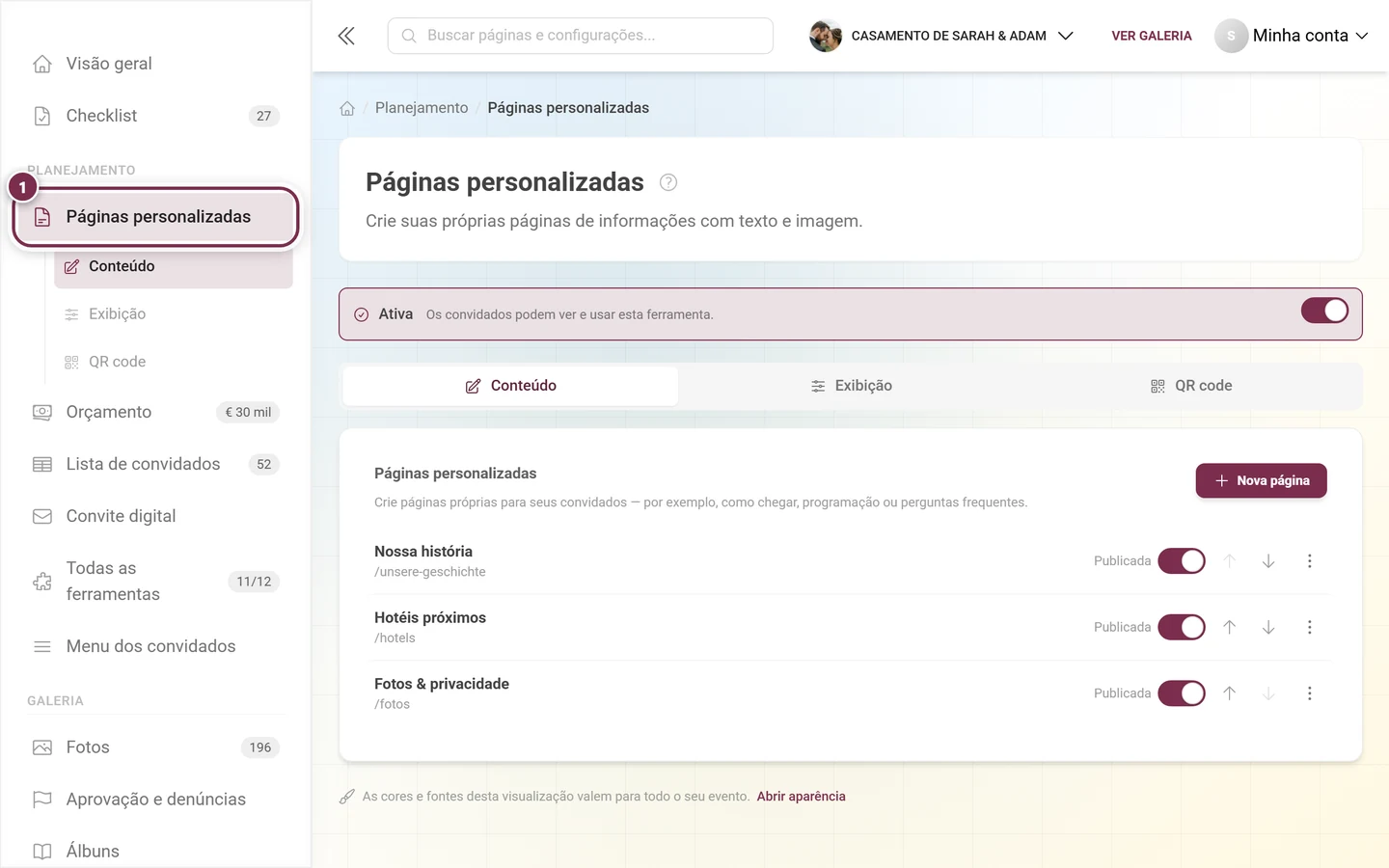 Barra lateral da administração com o item Páginas personalizadas destacado em Planejamento