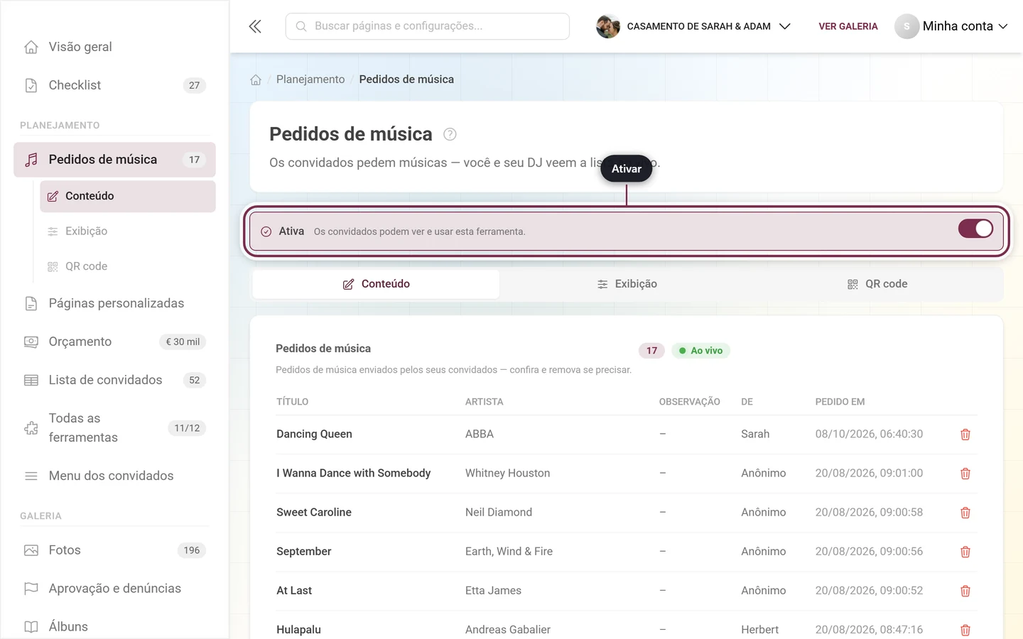 Editor de pedidos de música com o interruptor principal destacado