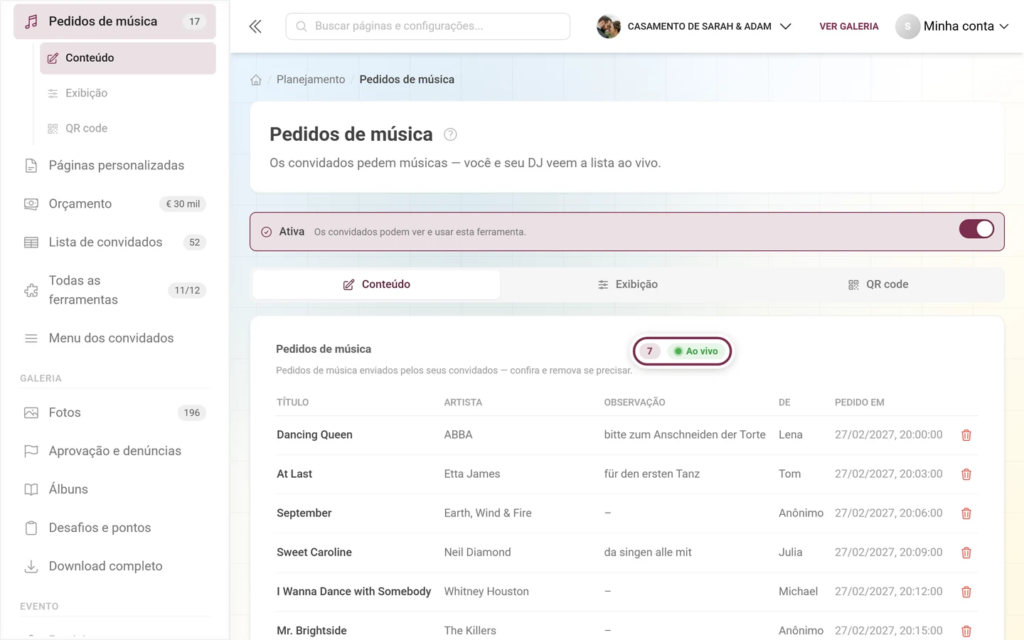 Título Pedidos de música com a contagem total e o chip Ao vivo destacados