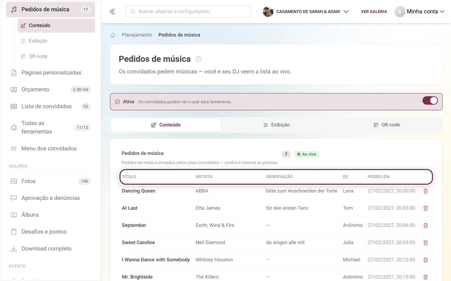 Linha de cabeçalho da tabela de pedidos com as colunas Título, Artista, Observação, De e Pedido em