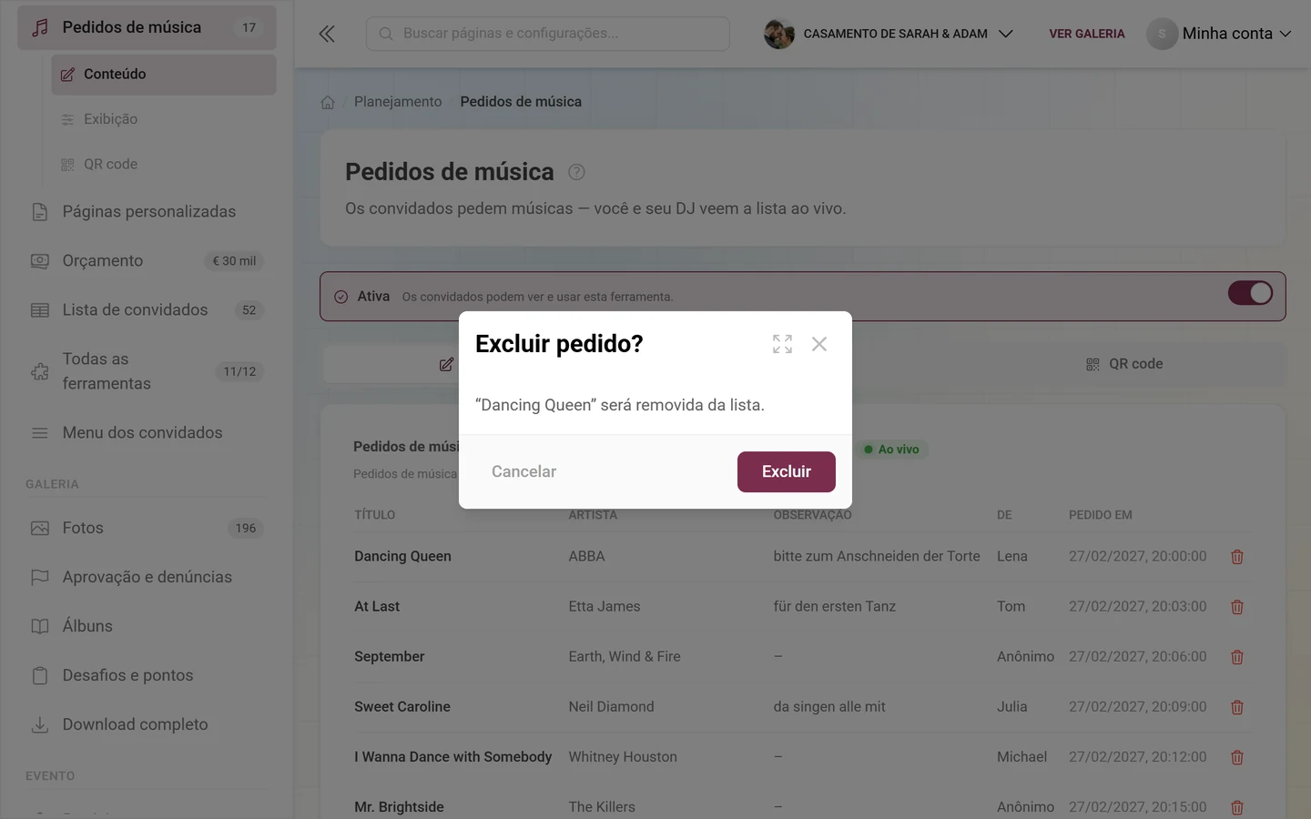 Confirmação Excluir pedido, que cita o pedido em questão