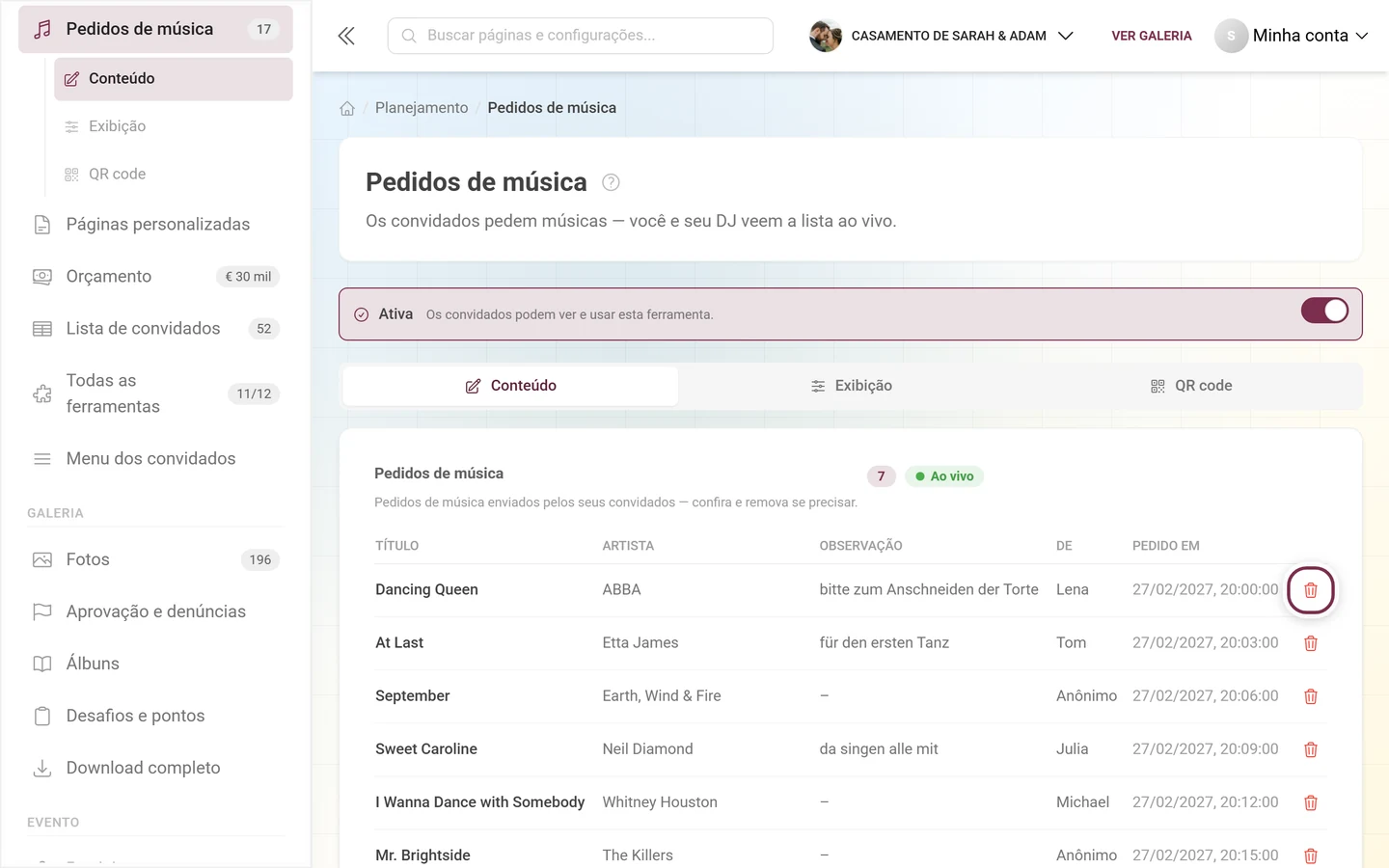 Lista de pedidos com o ícone de lixeira no fim da primeira linha destacado