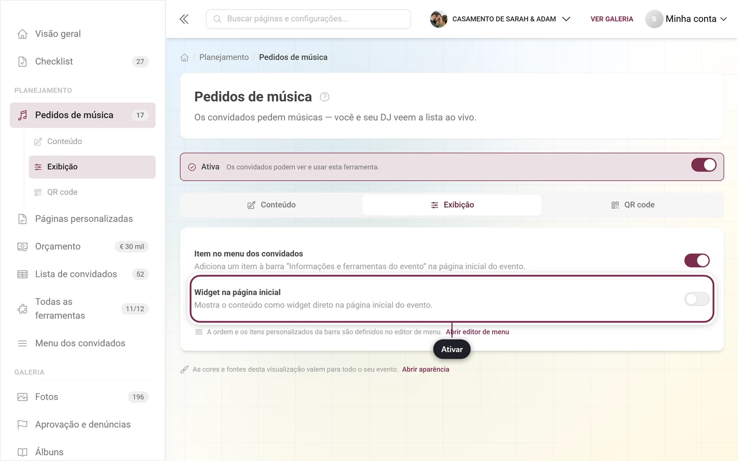 Aba Exibição dos pedidos de música com o interruptor do widget destacado