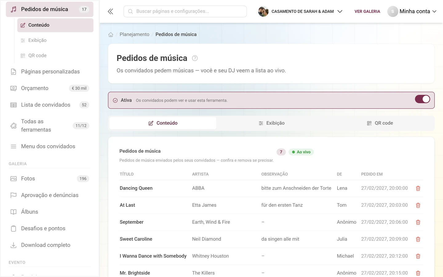 Tabela de pedidos de música do anfitrião com título, artista e remetente