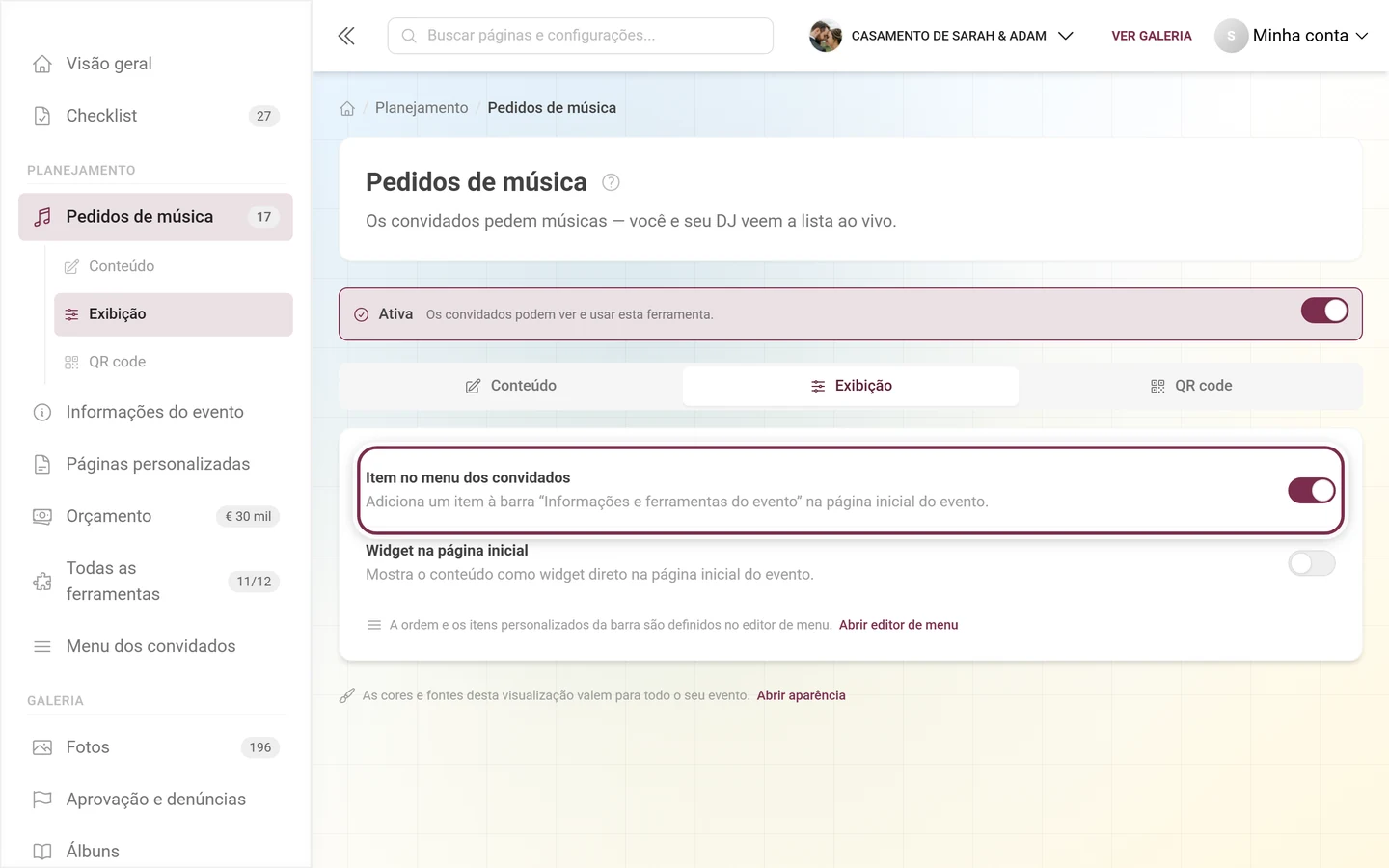 Aba Exibição dos pedidos de música com o interruptor Item no menu dos convidados destacado