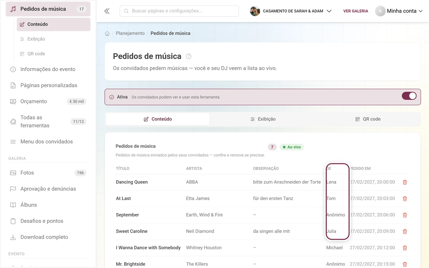Lista de pedidos de música com a coluna De destacada