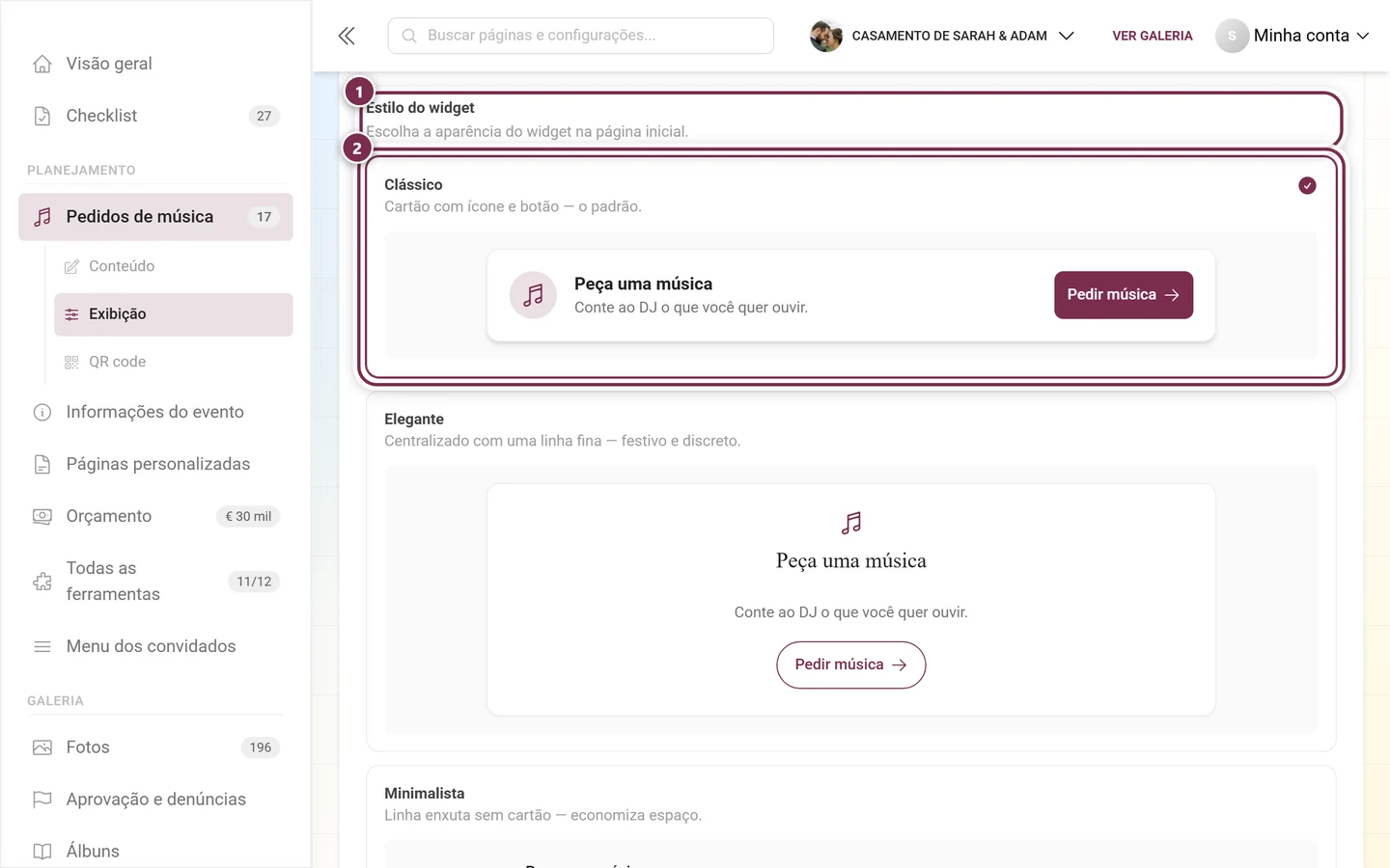 Bloco Estilo do widget com o título e o cartão Clássico destacados