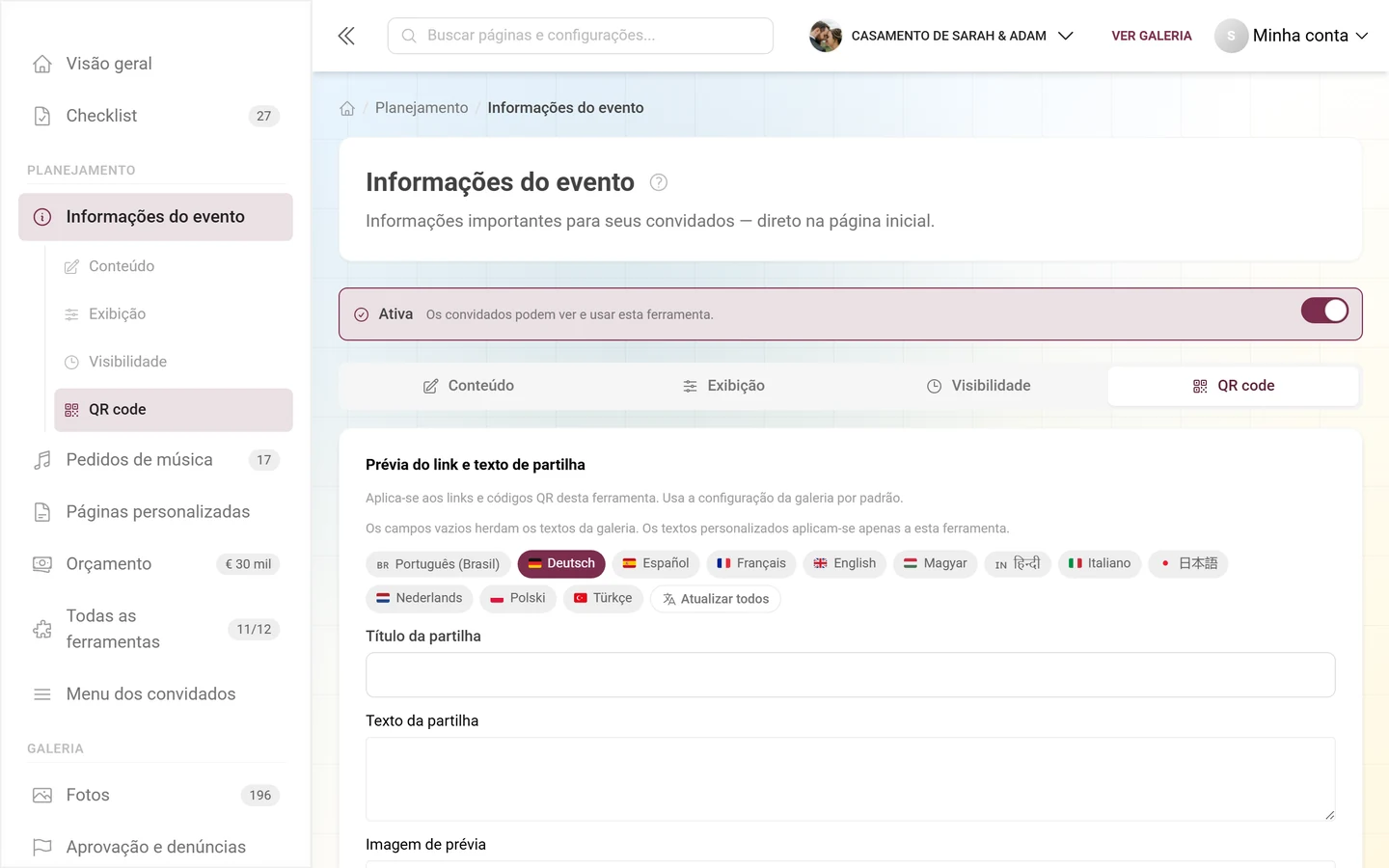 Aba QR code de uma ferramenta com link direto, imagem do QR e os botões de exportação