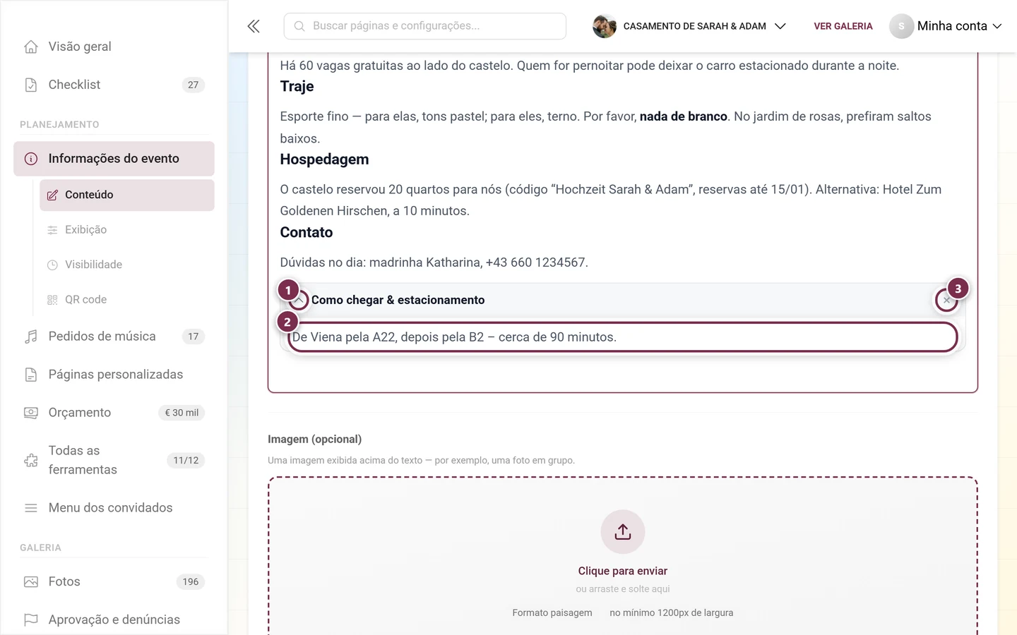 Seção expansível no editor com título, área de conteúdo e botão de remover