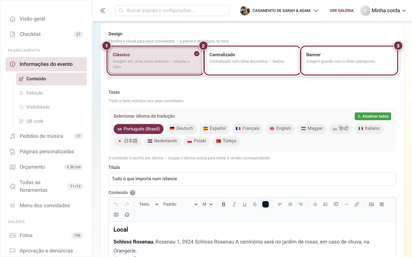 Bloco Design na aba Conteúdo com os três cartões de estilo Clássico, Centralizado e Banner