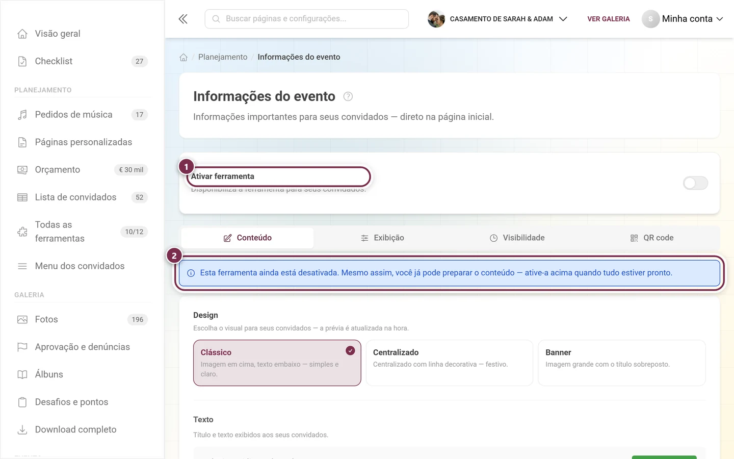 Página Informações do evento com o interruptor da ferramenta desligado e um aviso azul abaixo