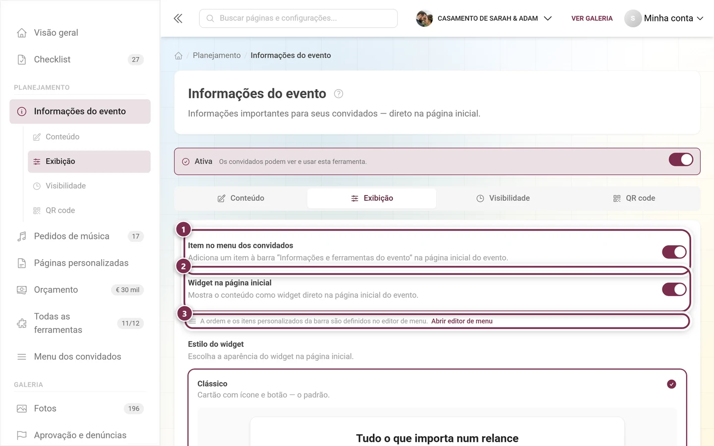 Aba Exibição com os interruptores do item no menu dos convidados e do widget na página inicial