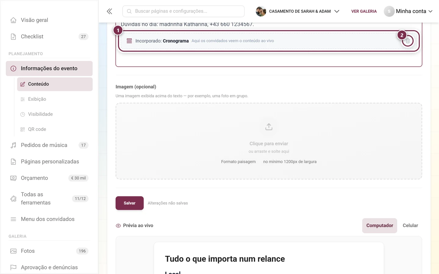 Cartão de marcação de uma ferramenta incorporada no editor com botão de lixeira