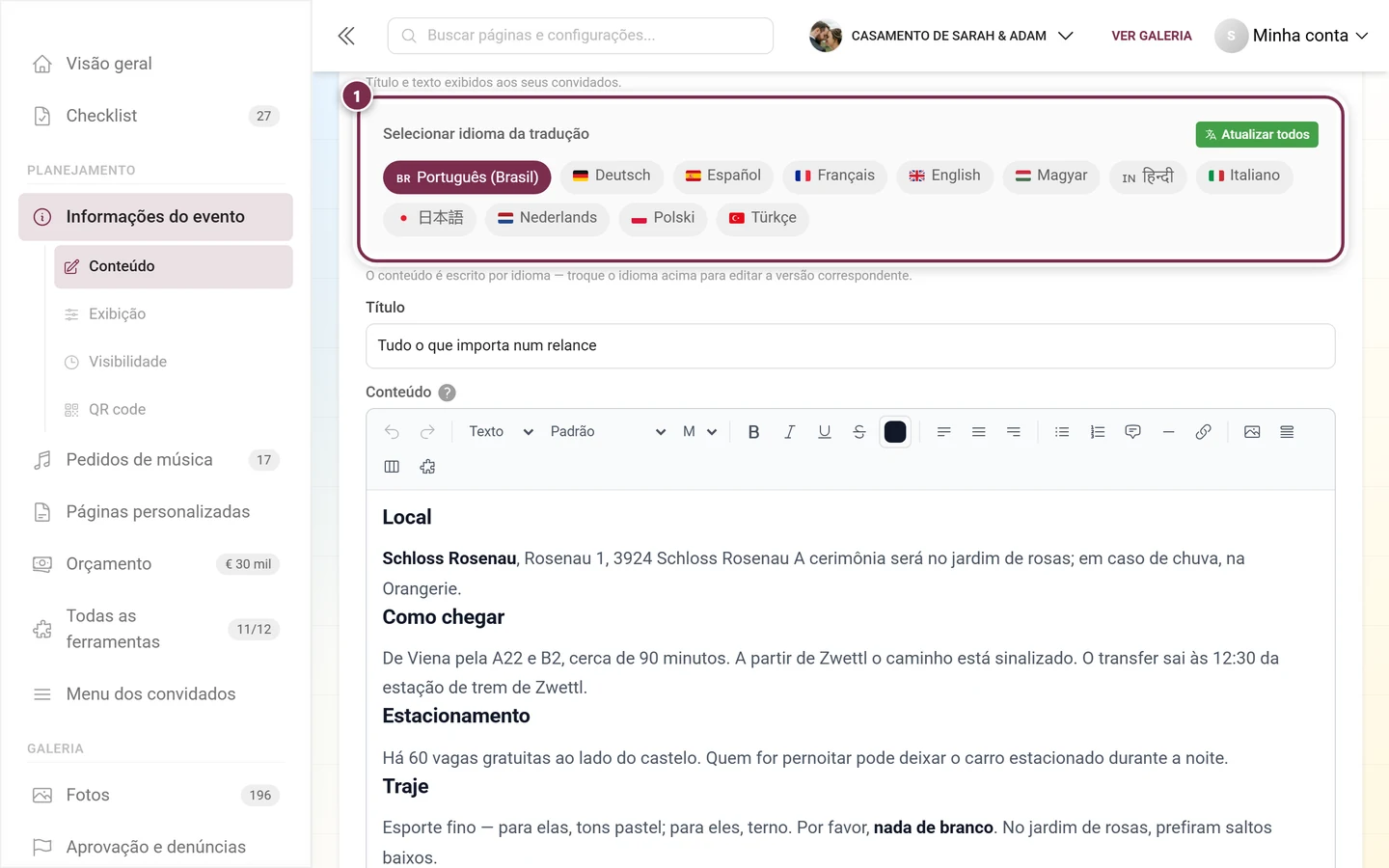 Barra Selecionar idioma da tradução com Deutsch e English e o botão Atualizar todos