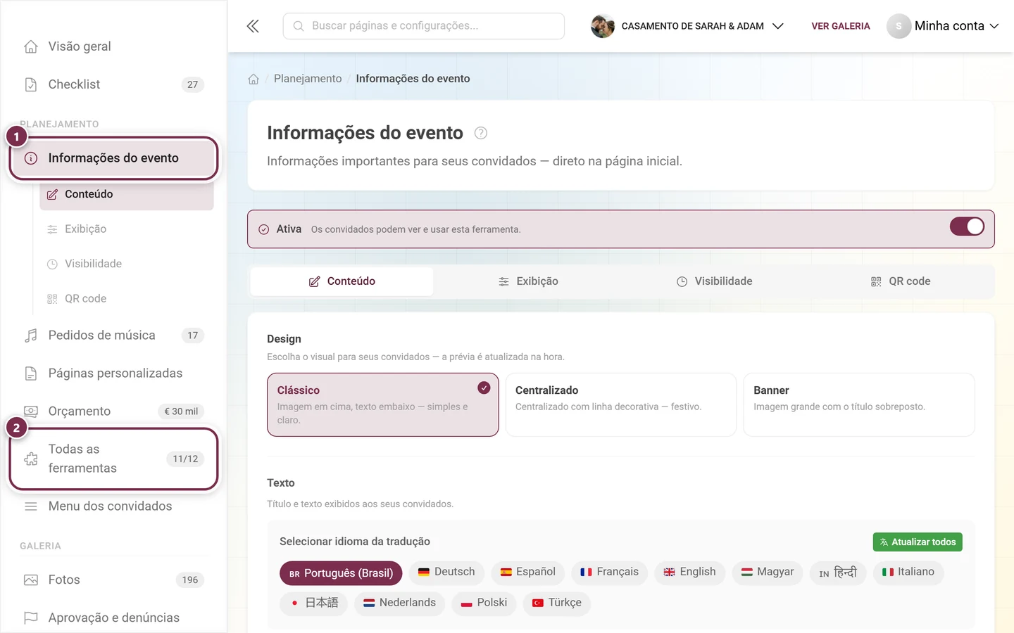 Barra de navegação à esquerda com o item Informações do evento aberto e o item Todas as ferramentas