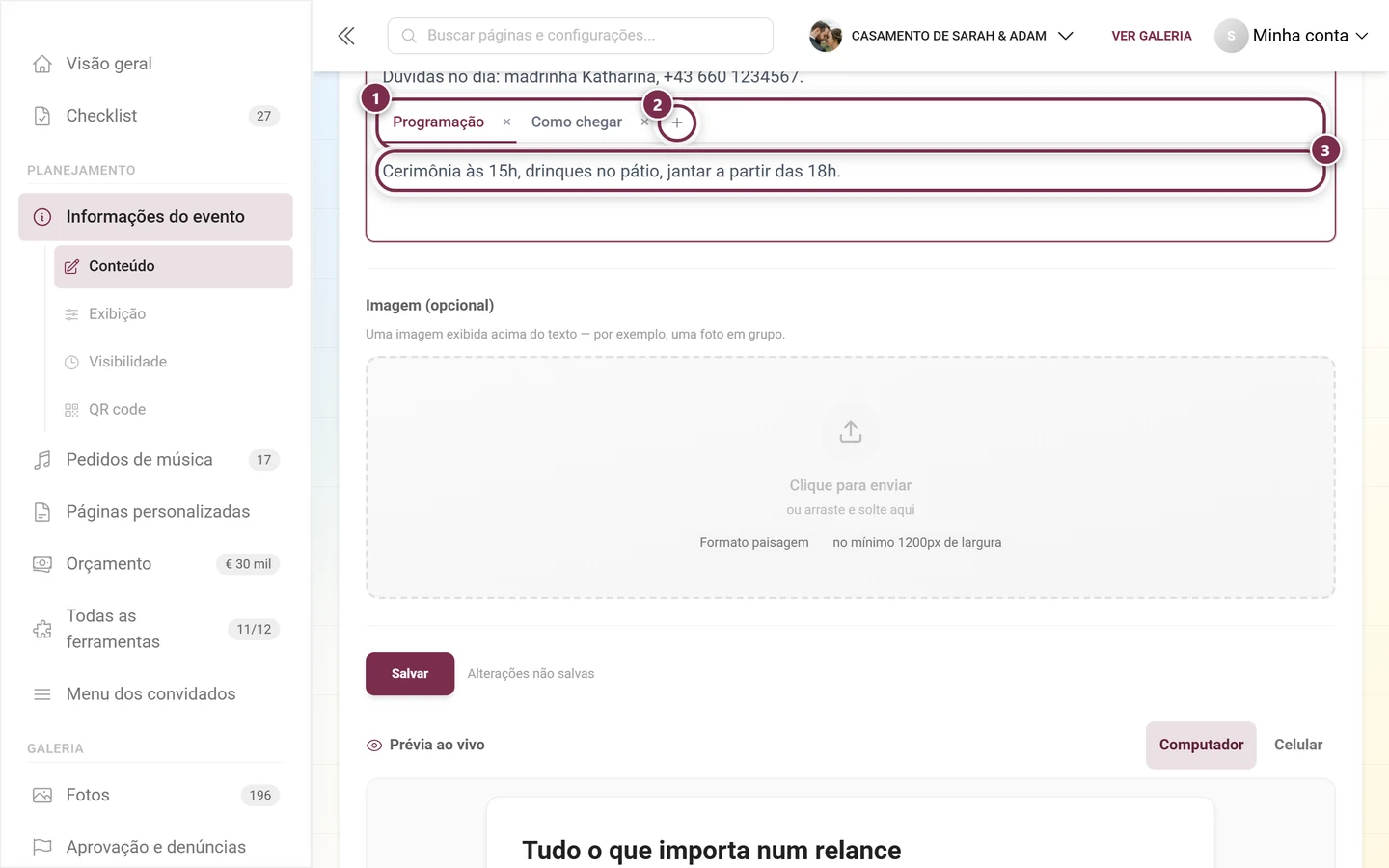 Bloco de abas no editor com a barra de abas, o botão de mais e o conteúdo da aba ativa