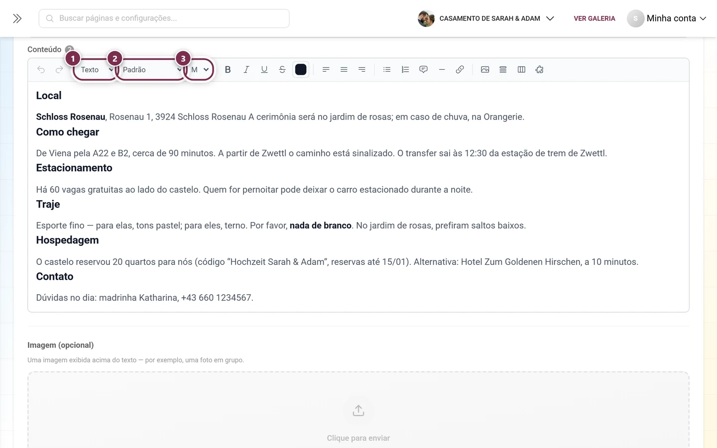 Barra de ferramentas do editor de texto com os três menus suspensos destacados