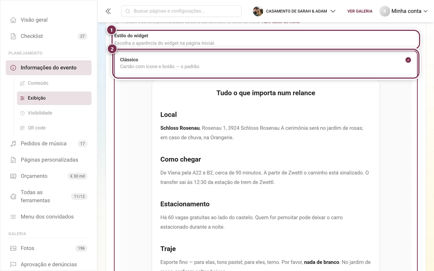 Seletor Estilo do widget com o primeiro cartão Clássico