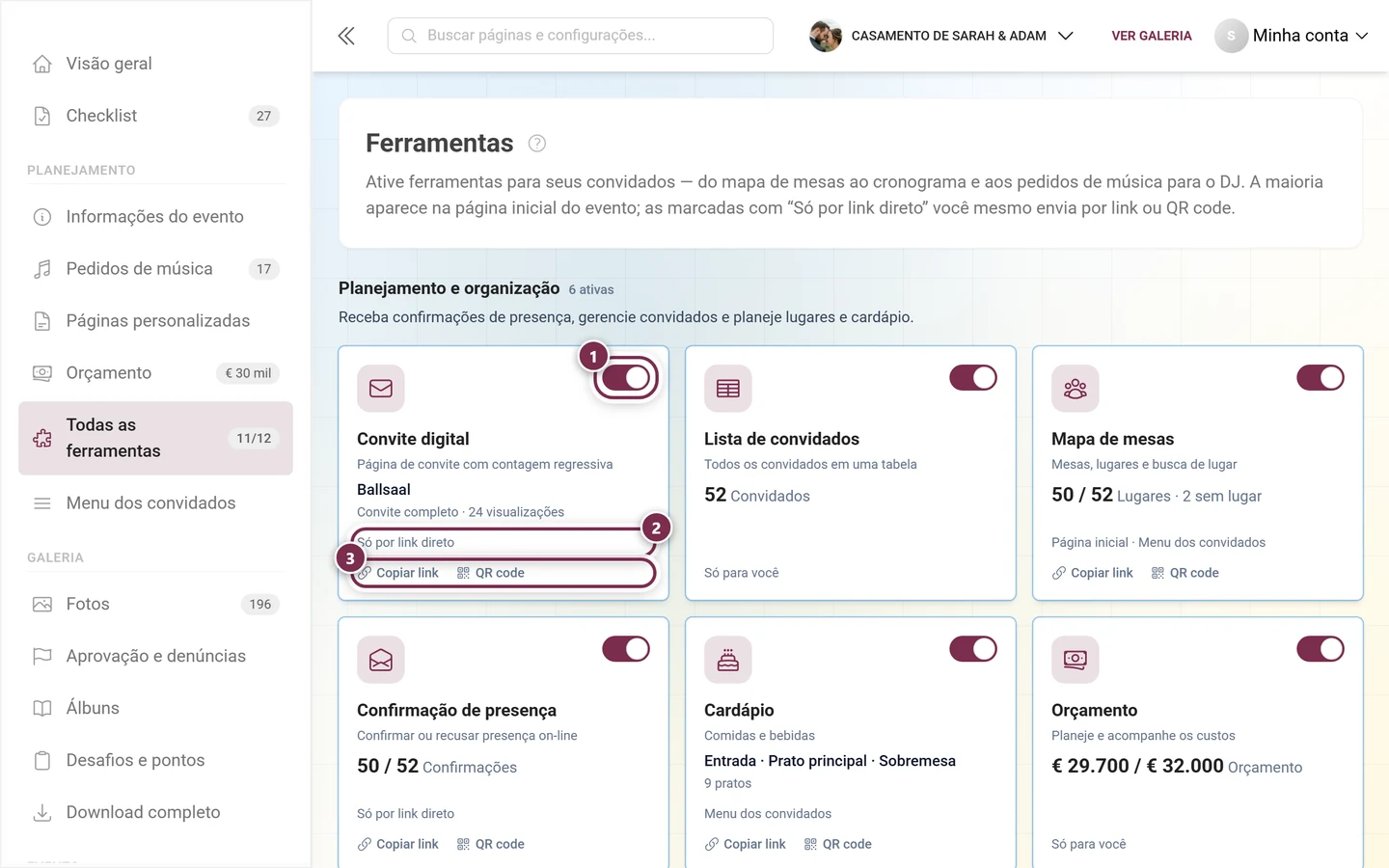 A grade de ferramentas com cartões para todas as ferramentas, agrupados em três categorias
