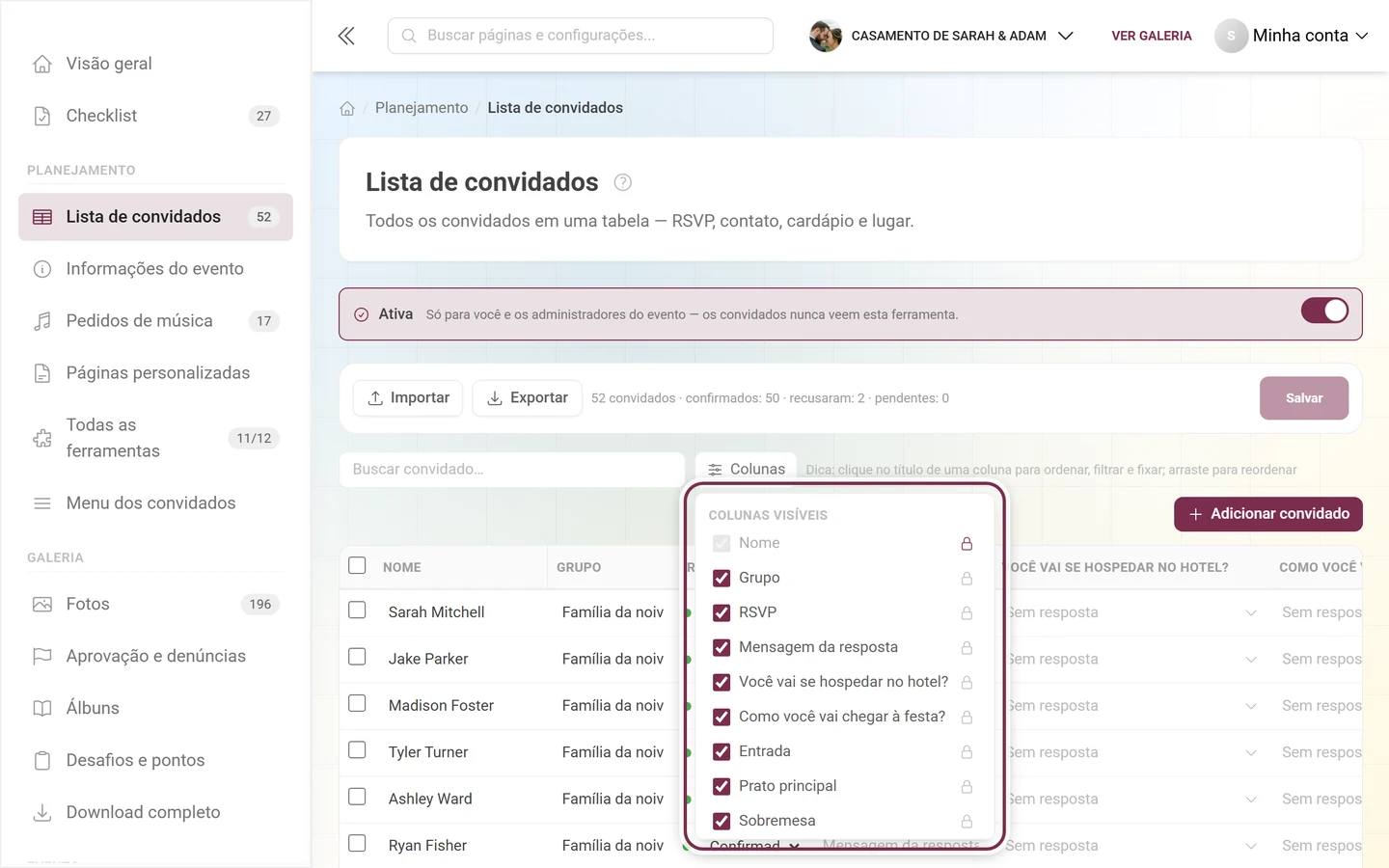 Lista de convidados com o menu Colunas visíveis aberto