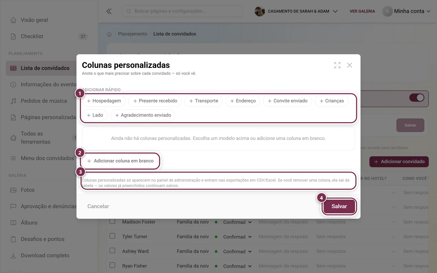Diálogo Colunas personalizadas com a grade de modelos, Adicionar coluna em branco, o aviso de administração e Salvar destacados