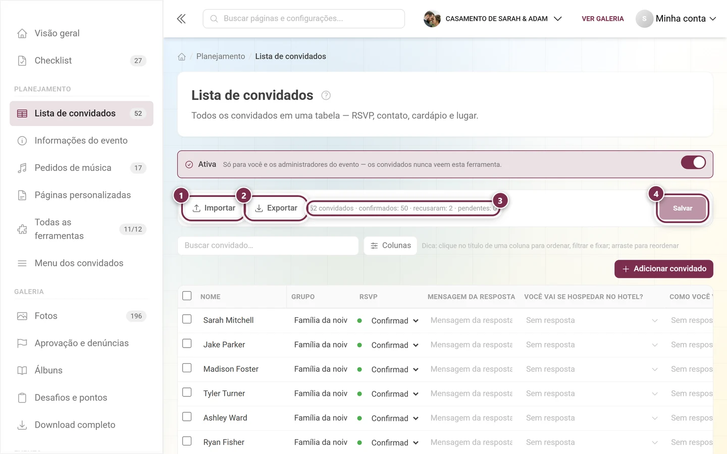 Barra de ações da lista de convidados com Importar, Exportar, a linha de contagem e o botão Salvar destacados