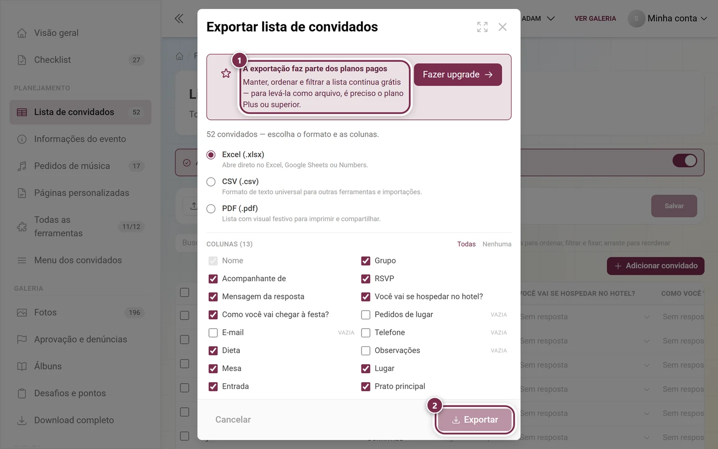 Diálogo de exportação da lista de convidados com a caixa de upgrade e o botão Exportar acinzentado destacados