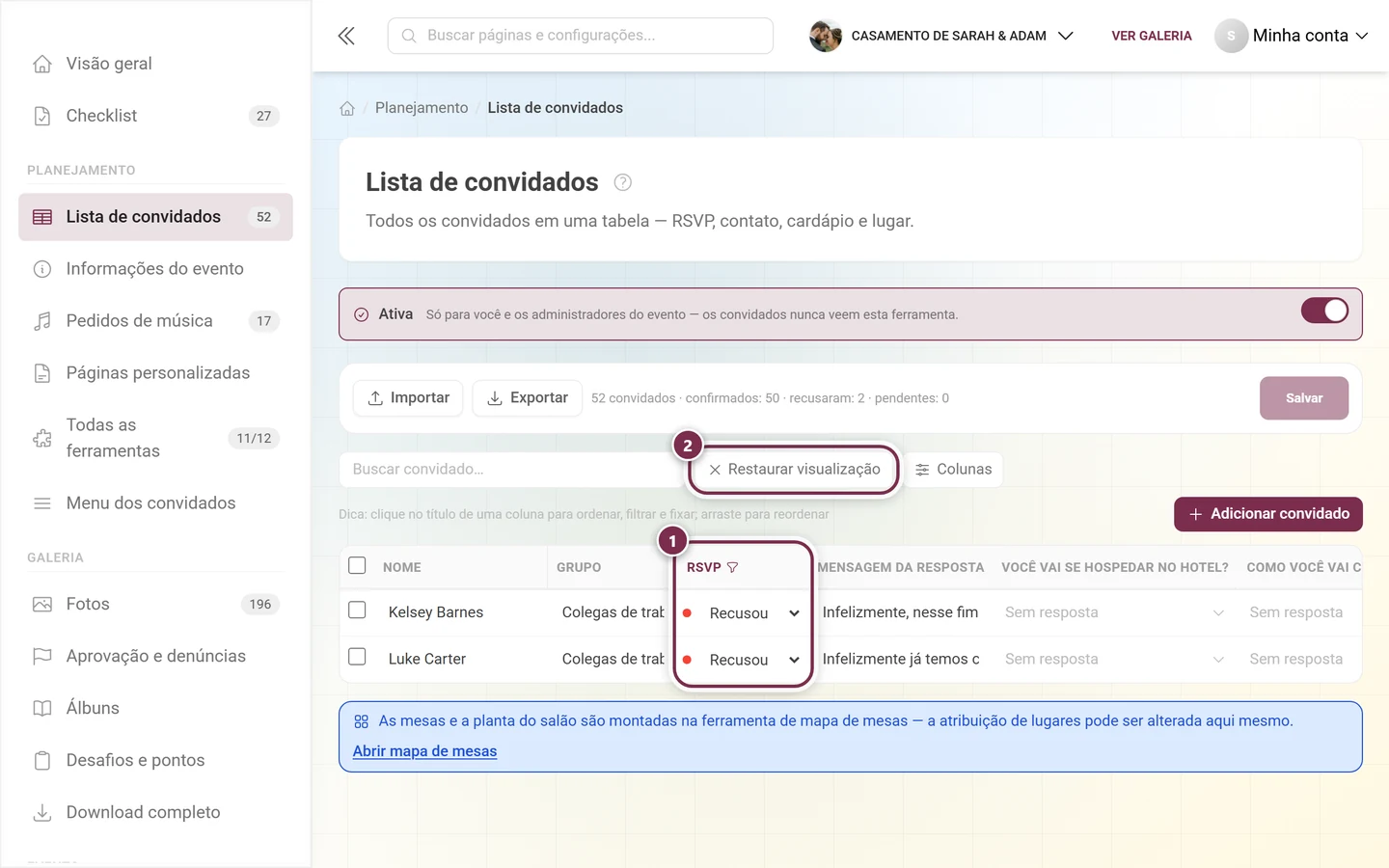 Lista de convidados com a coluna RSVP filtrada e o botão Limpar filtros destacados