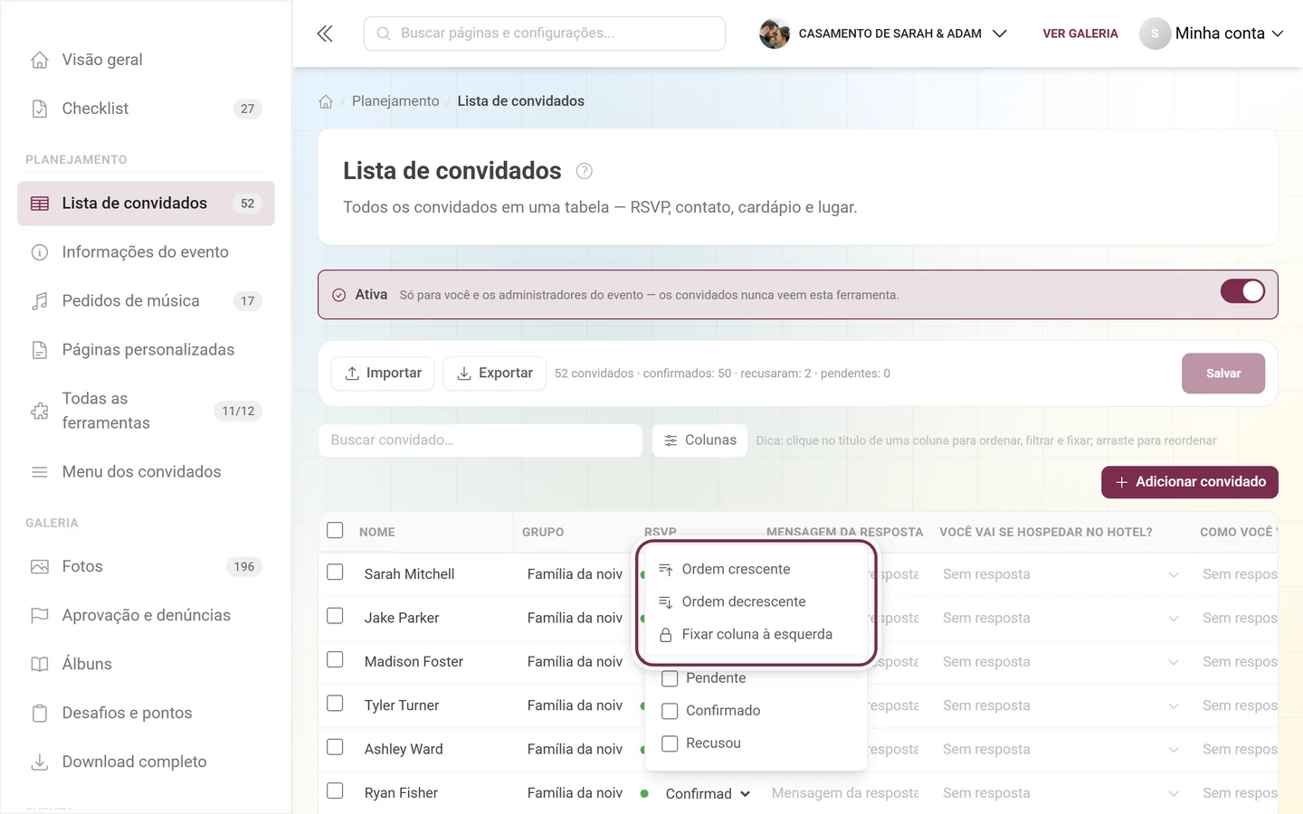 Lista de convidados com o menu aberto do título da coluna RSVP e a lista de valores do filtro