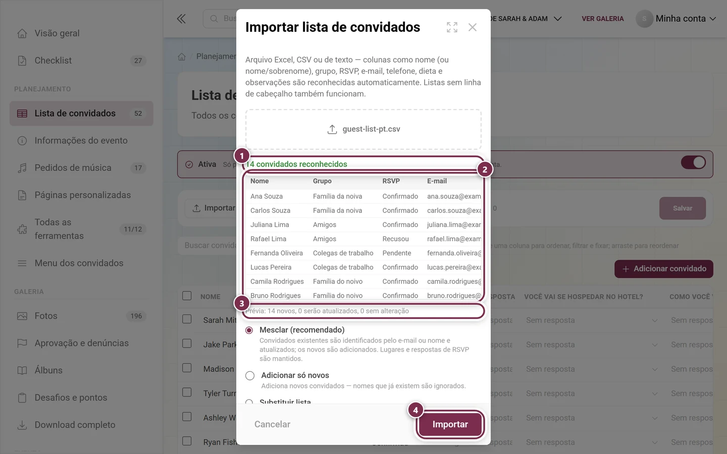 Diálogo de importação da lista de convidados com a linha do arquivo, a tabela de prévia, a prévia da mesclagem e o botão Importar destacados