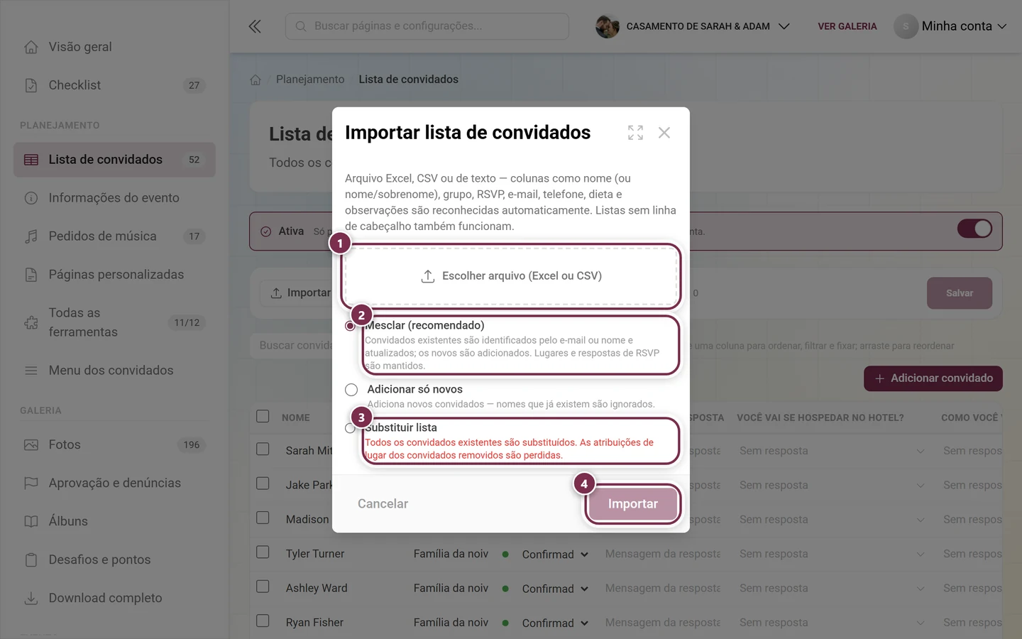 Diálogo Importar lista de convidados com a escolha de arquivo, os modos Mesclar e Substituir lista e o botão Importar destacados