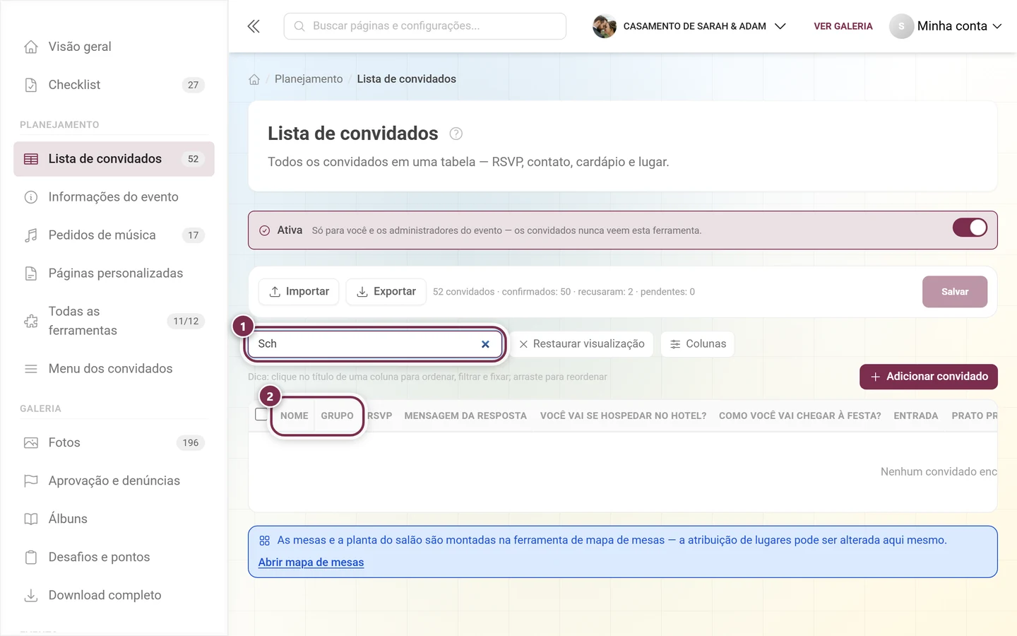 Lista de convidados com o campo de busca preenchido e os resultados destacados