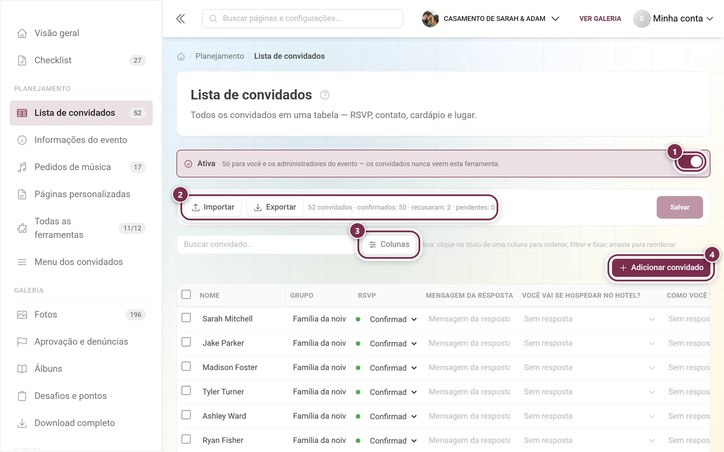 Lista de convidados com o interruptor Ativo, importar e exportar, o botão de colunas e adicionar convidado destacados