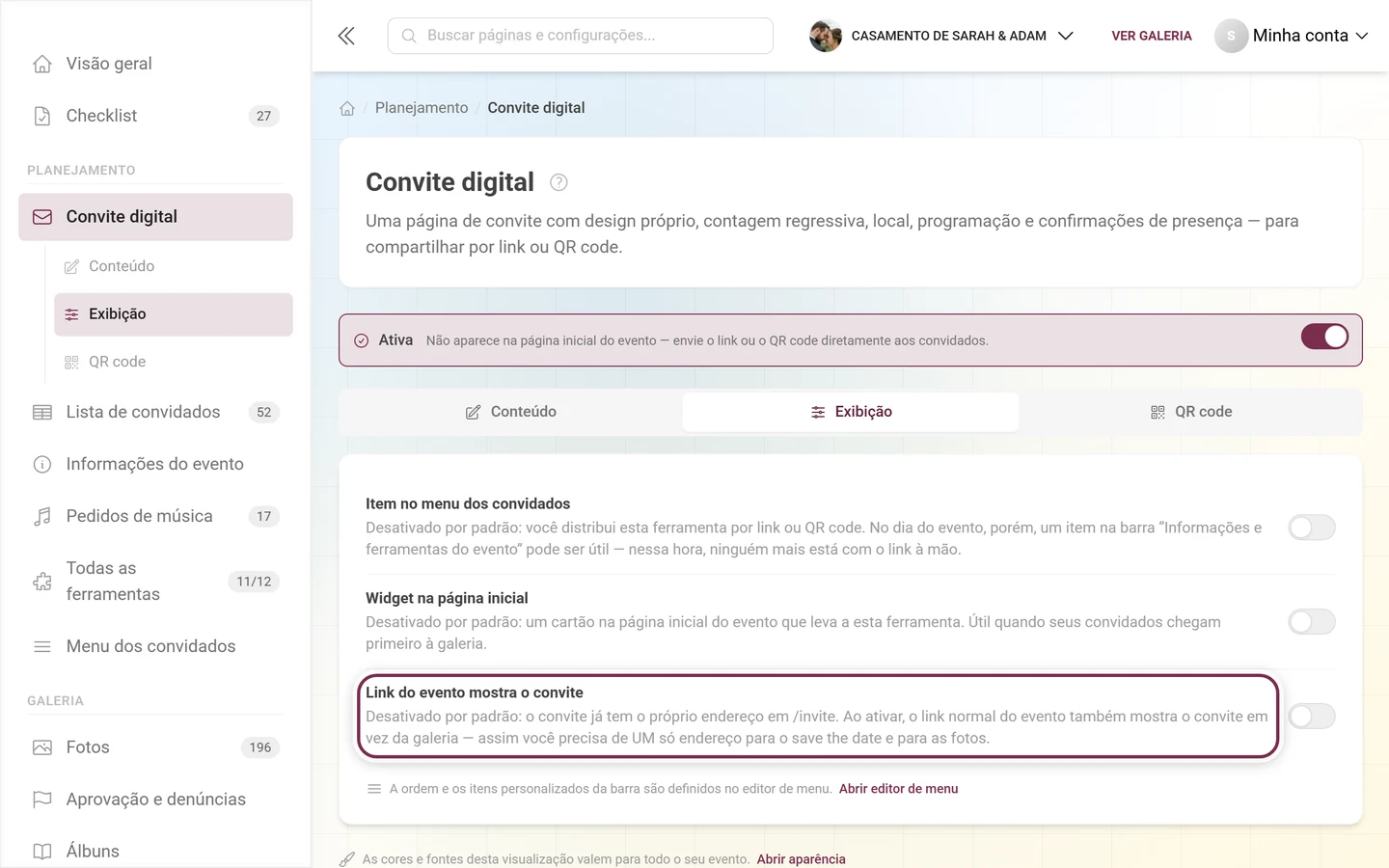 Aba Exibição do convite com o interruptor do link do evento em destaque