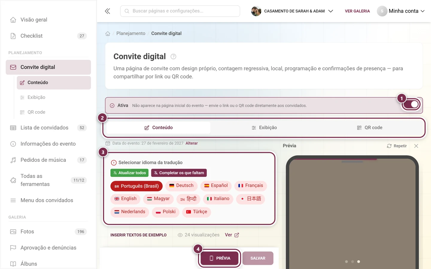 Editor do convite digital com o interruptor principal, as abas, o bloco de idiomas e o botão de prévia destacados