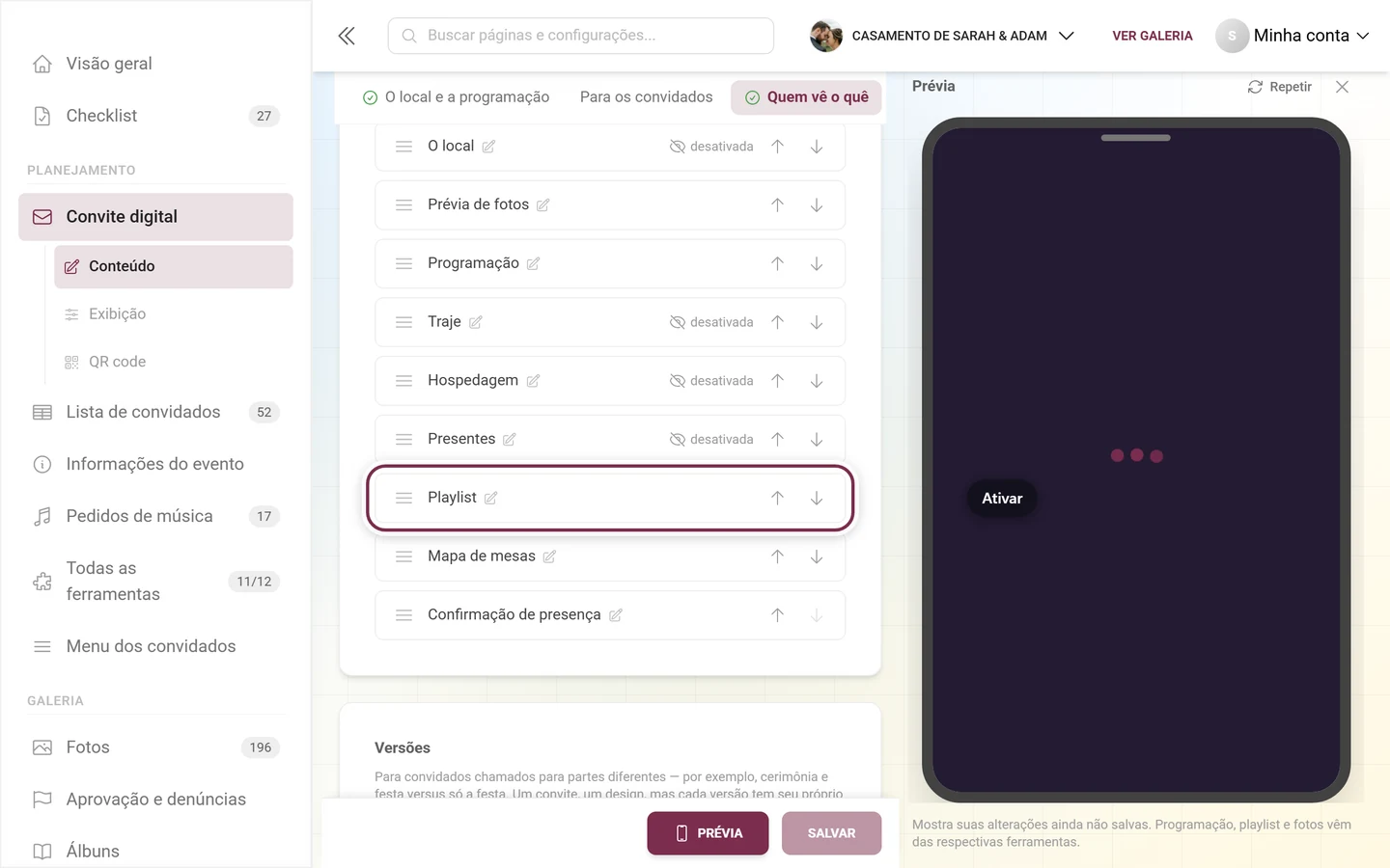 Cartão De outras ferramentas com o interruptor da Playlist em destaque