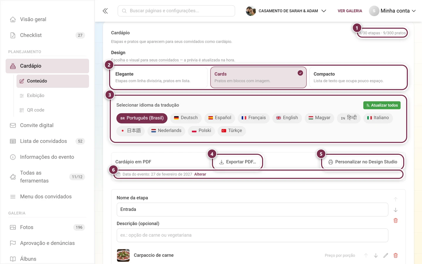 Topo da aba Conteúdo com o contador, os três cartões de design, a escolha de idioma e os botões de exportação