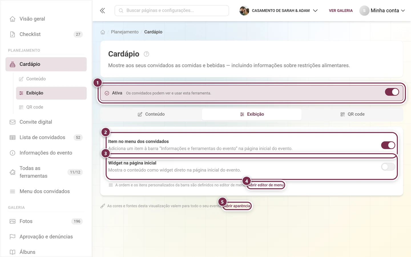 Aba Exibição da ferramenta de cardápio com o interruptor Ativo, Item no menu dos convidados e Widget na página inicial