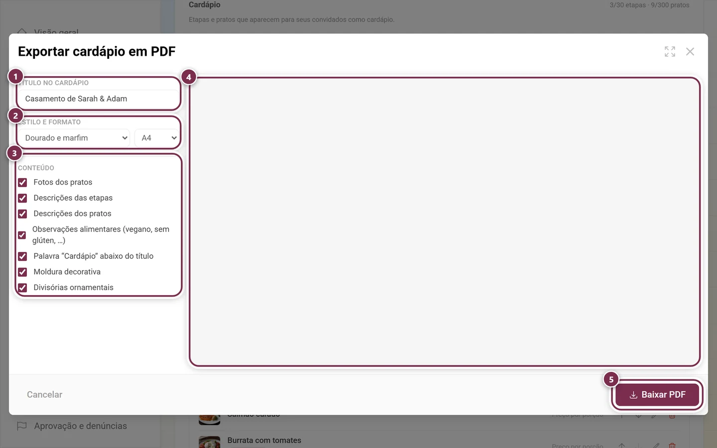 Diálogo Exportar cardápio em PDF com as configurações à esquerda e a prévia ao vivo à direita