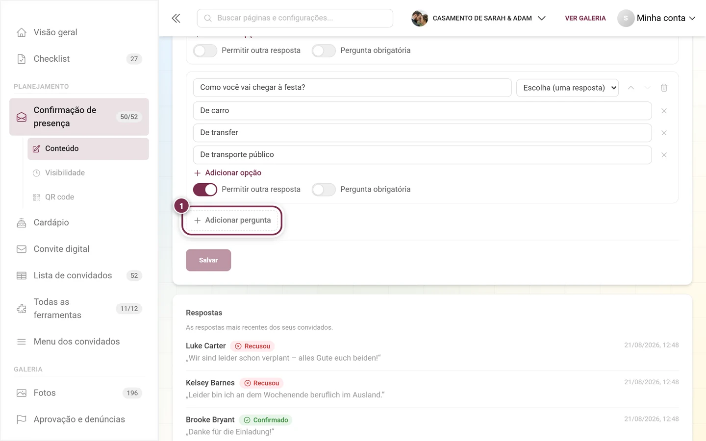 O botão Adicionar pergunta sob as perguntas existentes