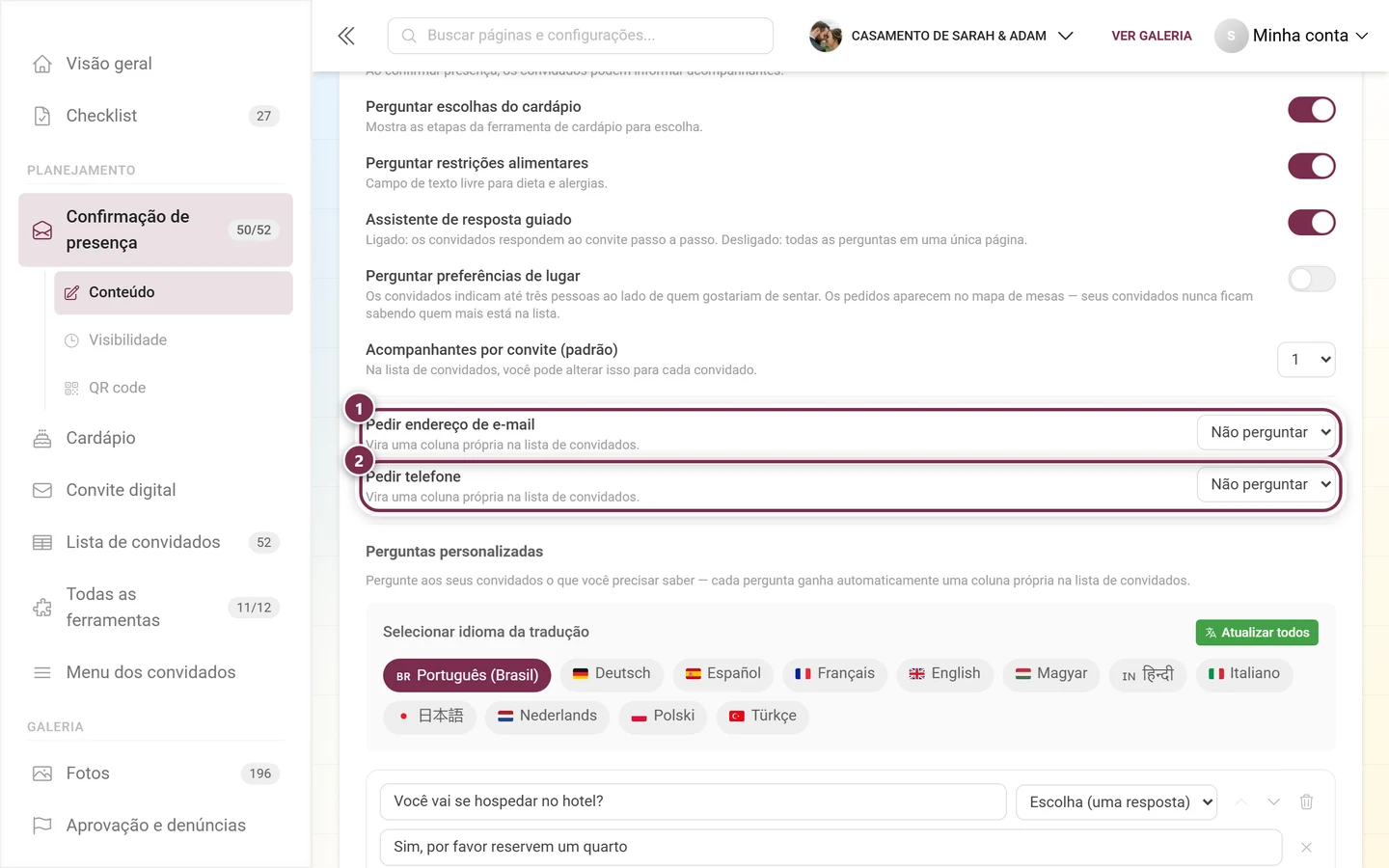 As duas perguntas de contato para endereço de e-mail e telefone