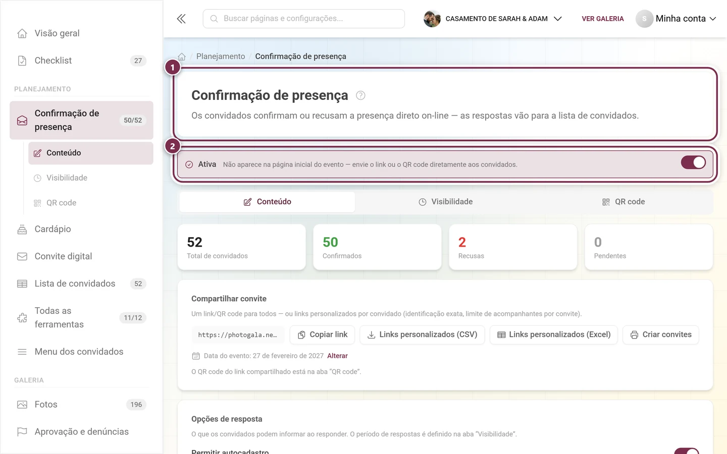 Cabeçalho do editor de RSVP com o título e a faixa Ativo
